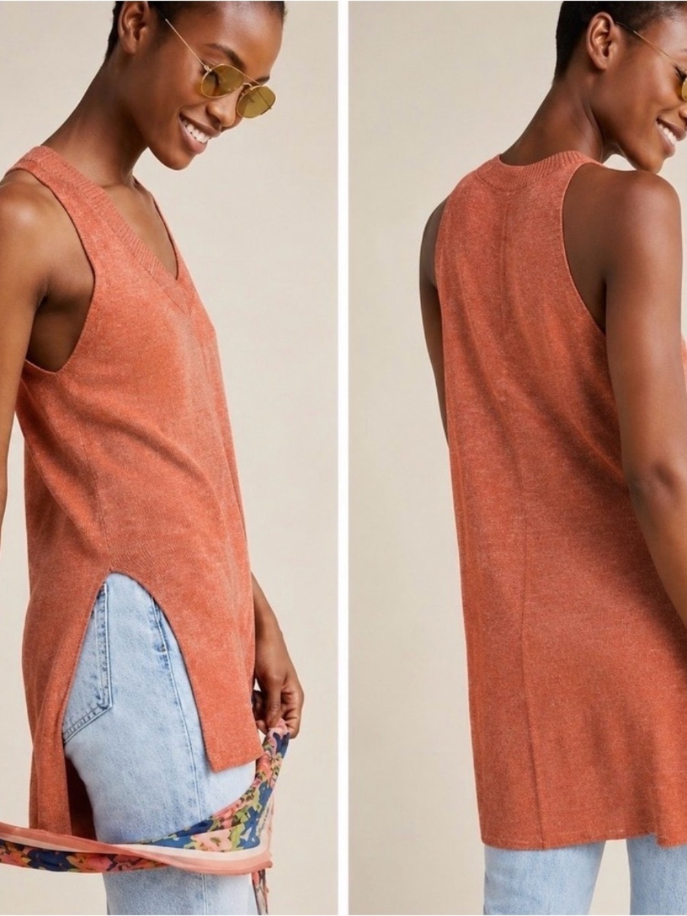 Anthropologie Sleeveless V-Neck Tunic in Rust Orange